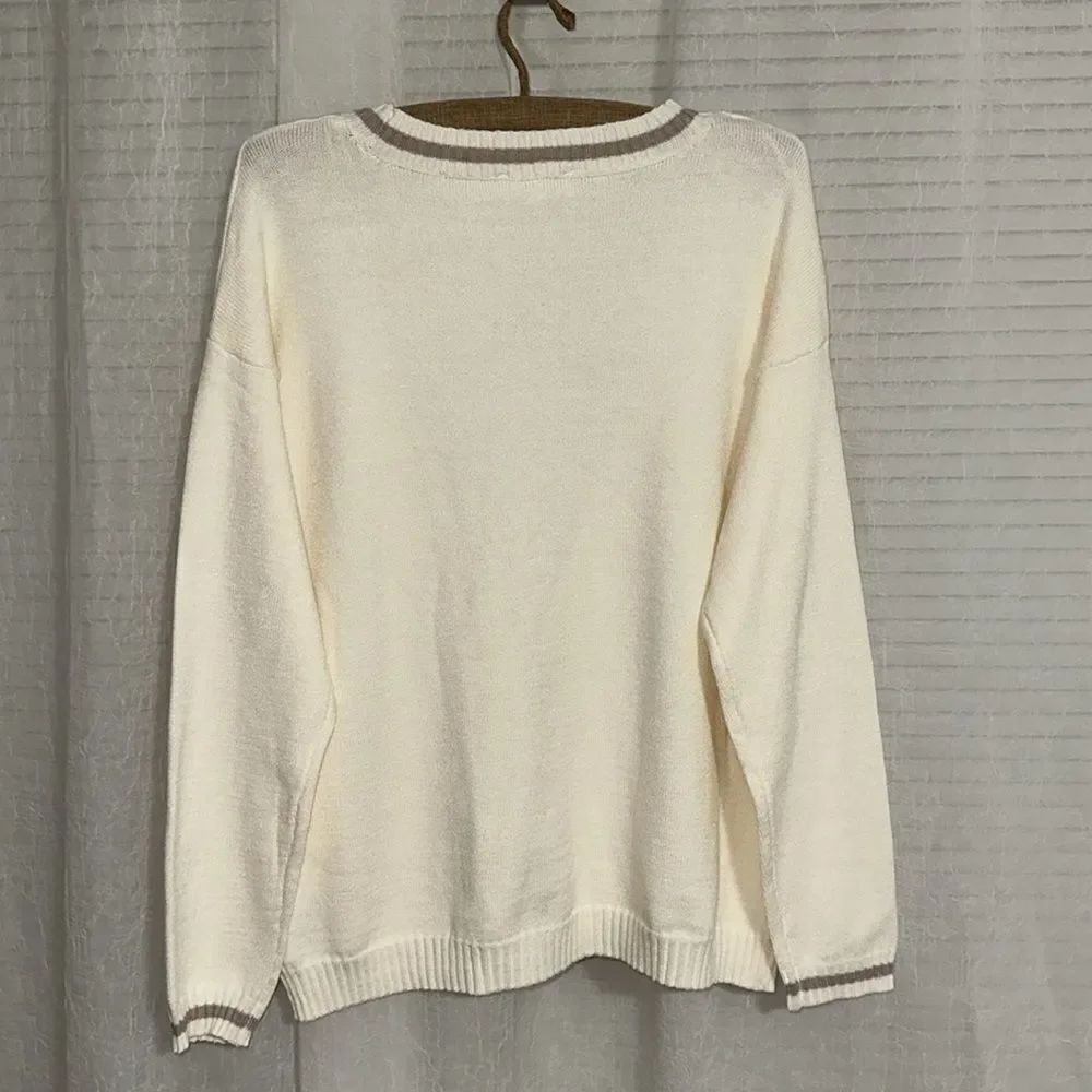 Pink Republic M Ivory Tan Stripe Trim Knit Button V-Neck Cardigan with Pockets - Picture 5 of 14